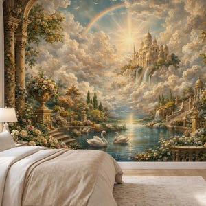 Peut inclure: Une peinture murale représentant un paysage fantastique avec un château doré flottant parmi les nuages, un arc-en-ciel et un soleil éclatant. La scène comprend des colonnes en pierre, des fleurs en urnes, un lac calme et deux cygnes blancs.