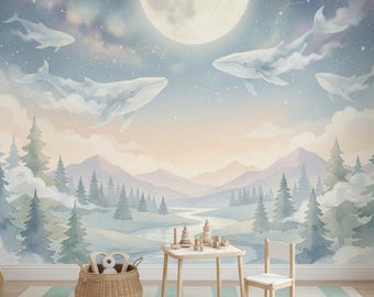 Papel pintado infantil celestial, mural autoadhesivo con cielo lunar de ensueño.