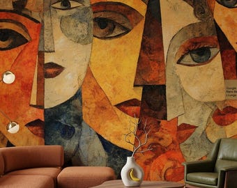 Abstract Portrait Wallpaper, Modern Faces Wall Mural, Artistic Cubist Peel Stick Wallpaper, Contemporary Boho Wall Decor