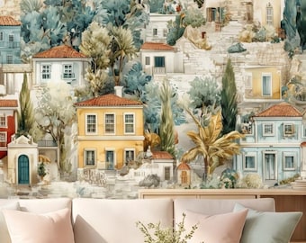 Mediterranean Abstract Wallpaper Coastal Town Mural Pastel European Houses Peel Stick Landscape Removable Wall Decor