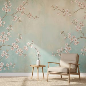Fototapeta Chinoiserie Cherry Blossom, samoprzylepna, z możliwością usunięcia, w kolorze niebieskim