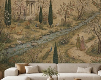 Botanical Garden Landscape Wallpaper, Peel and Stick Wall Decor, Vintage Floral Wall Art, Bird Mural