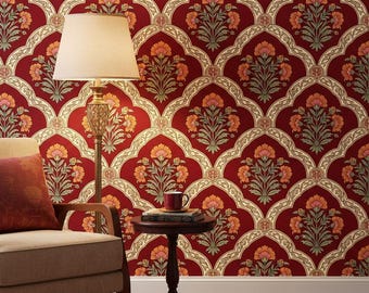 Floral Mughal Wallpaper, Indian Peel and Stick Red Botanical Mural, Vintage Removable Wall Paper