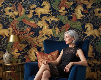 Dunkles Chinoiserie Wandbild, Gold Orientalische Pferde Tapete, schälen und aufkleben - Vlies - Vinyl