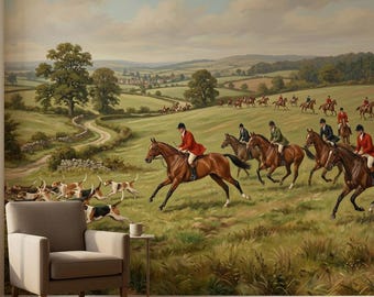 Fox Hunting Peel Stick Mural Equestrian Wallpaper Vintage Removable Landscape Wall Paper