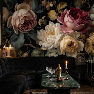 Dark Floral Wallpaper, Vintage Rose Wall Mural, Moody Botanical Peel and Stick Wallpaper, Romantic Victorian Decor