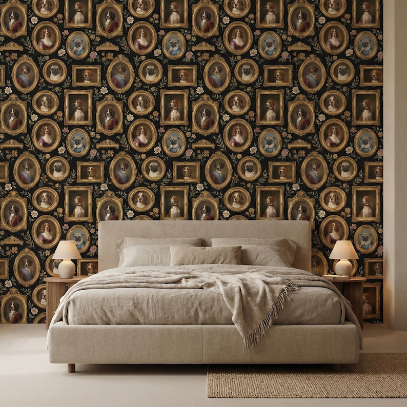 Vintage Dog Portrait Wallpaper Peel and Stick Pet Wall Art Victorian Removable Wall Paper