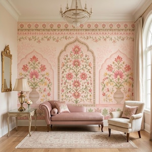 Mughal Floral Wallpaper, Non Woven Indian Botanical Wall Decor, Peel and Stick Palace Garden Wall Mural, Pink Flower Wall Art