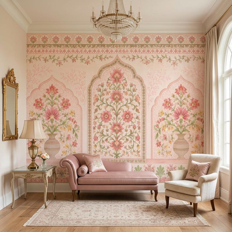 Mughal Floral Wallpaper, Non Woven Indian Botanical Wall Decor, Peel and Stick Palace Garden Wall Mural, Pink Flower Wall Art