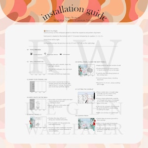 May include: An installation guide for wallpaper, featuring instructions and diagrams. The guide includes steps for wall preparation, applying paste, and cutting overlaps. The text includes measurements in inches.