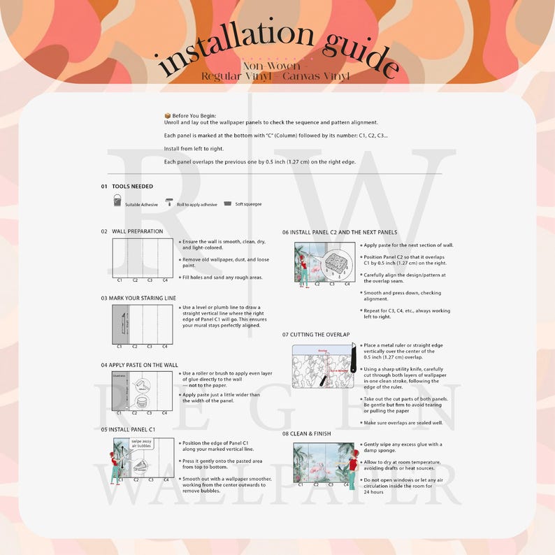 May include: An installation guide for wallpaper, featuring instructions and diagrams. The guide includes steps for wall preparation, applying paste, and cutting overlaps. The text includes measurements in inches.