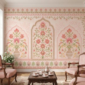 Mughal Floral Wallpaper, Non Woven Indian Botanical Wall Decor, Peel and Stick Palace Garden Wall Mural, Pink Flower Wall Art