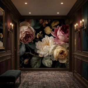 Dark Floral Wallpaper, Vintage Rose Wall Mural, Moody Botanical Peel and Stick Wallpaper, Romantic Victorian Decor