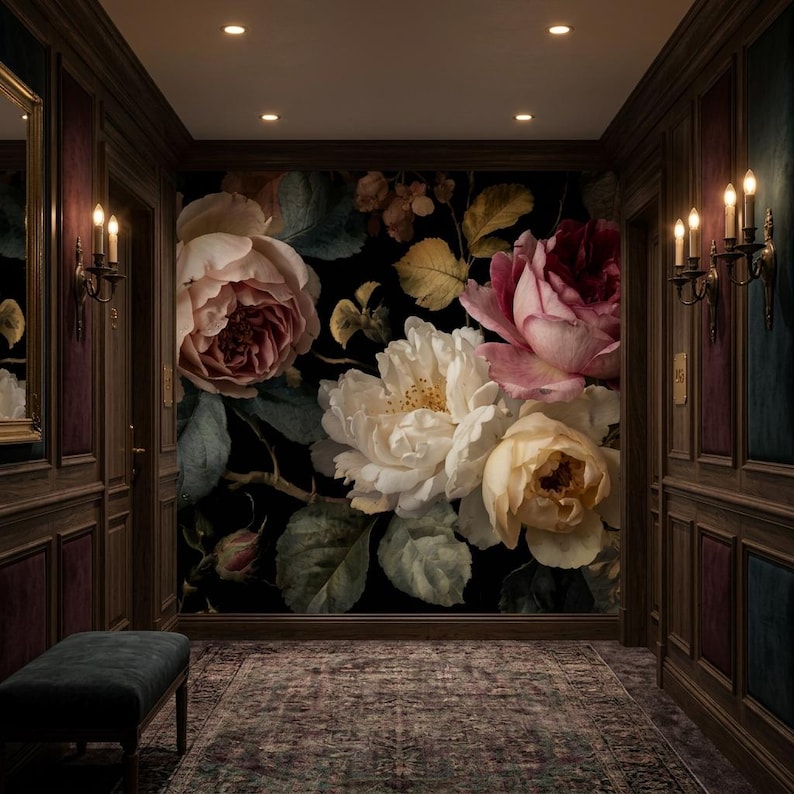 Dark Floral Wallpaper, Vintage Rose Wall Mural, Moody Botanical Peel and Stick Wallpaper, Romantic Victorian Decor