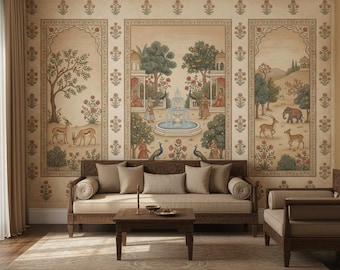 Papel pintado indio estilo mogol, mural de pavo real autoadhesivo, papel pintado floral vintage de palacio removible.