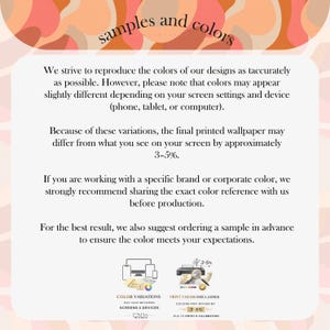 May include: A cream-colored graphic with the text "samples and colors" at the top. The text below explains color variations between screens and devices, and the final printed wallpaper. Includes icons and the text "Color Variations" and "Print Color Disclaimer".