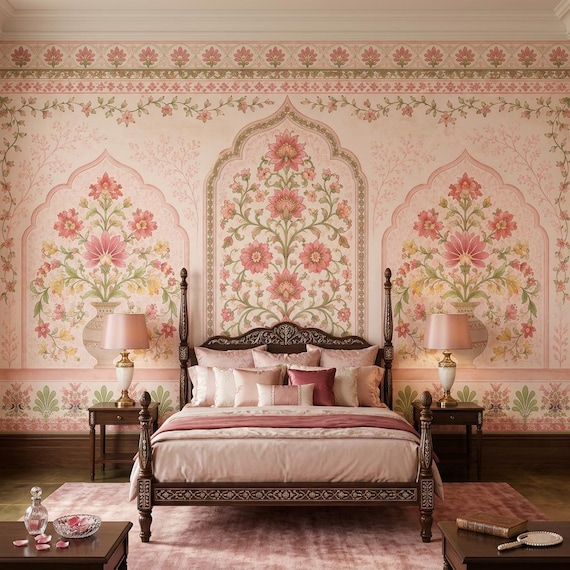 Mughal Floral Wallpaper, Non Woven Indian Botanical Wall Decor, Peel and Stick Palace Garden Wall Mural, Pink Flower Wall Art