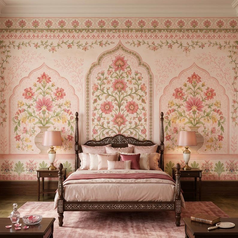 Mughal Floral Wallpaper, Non Woven Indian Botanical Wall Decor, Peel and Stick Palace Garden Wall Mural, Pink Flower Wall Art