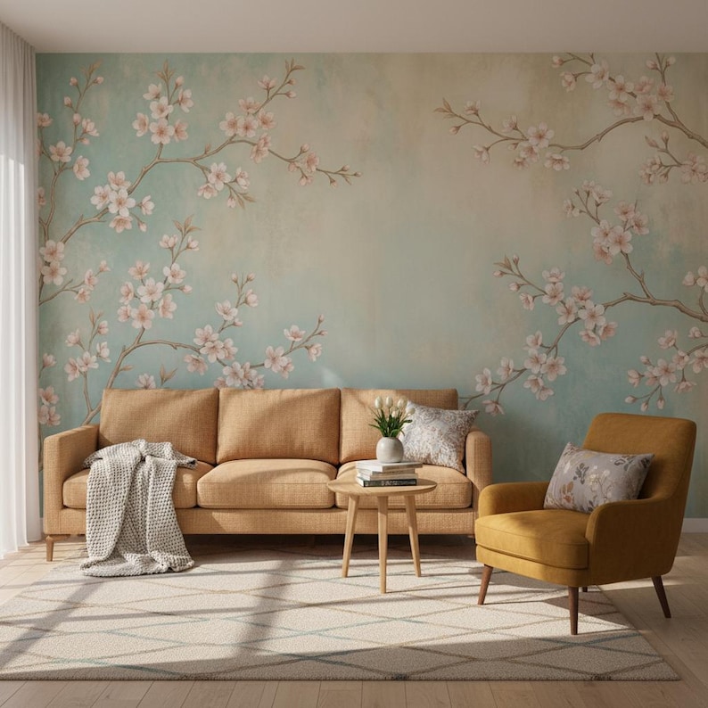 Chinoiserie Cherry Blossom Wallpaper Mural Peel and Stick Blue Floral ...