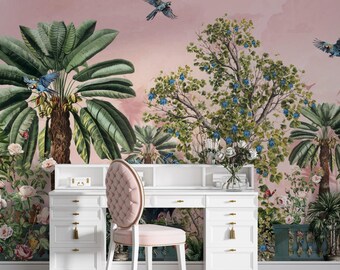 Botanical Peacock Wallpaper Removable Jungle Floral Mural Peel and Stick