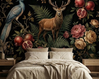 Dark Botanical Animal Wallpaper Deer Bird Floral Forest Mural Black Removable Peel and Stick Wall Paper