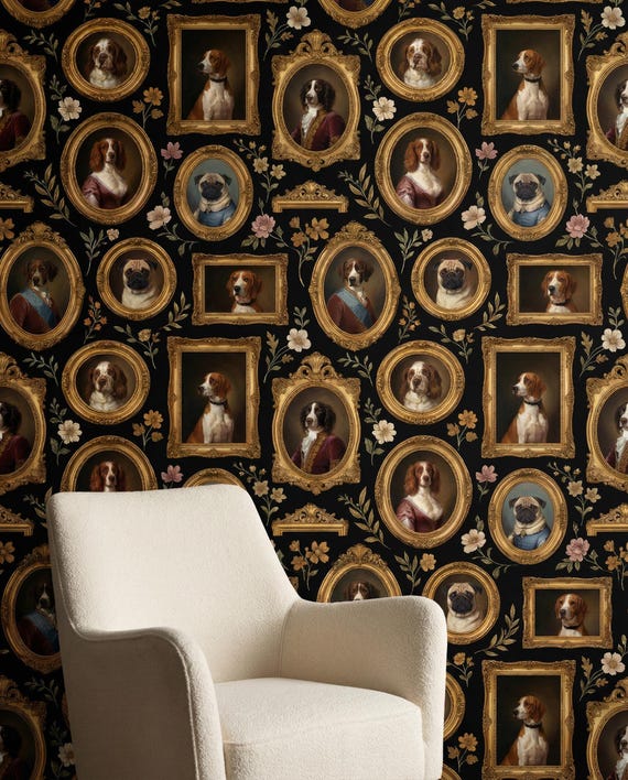 Vintage Dog Portrait Wallpaper Peel and Stick Pet Wall Art Victorian Removable Wall Paper