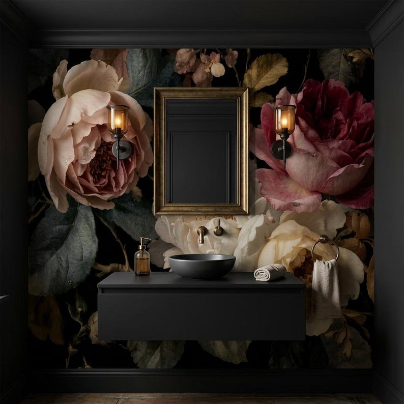 Dark Floral Wallpaper, Vintage Rose Wall Mural, Moody Botanical Peel and Stick Wallpaper, Romantic Victorian Decor