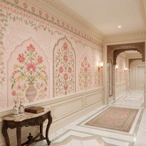 Mughal Floral Wallpaper, Non Woven Indian Botanical Wall Decor, Peel and Stick Palace Garden Wall Mural, Pink Flower Wall Art