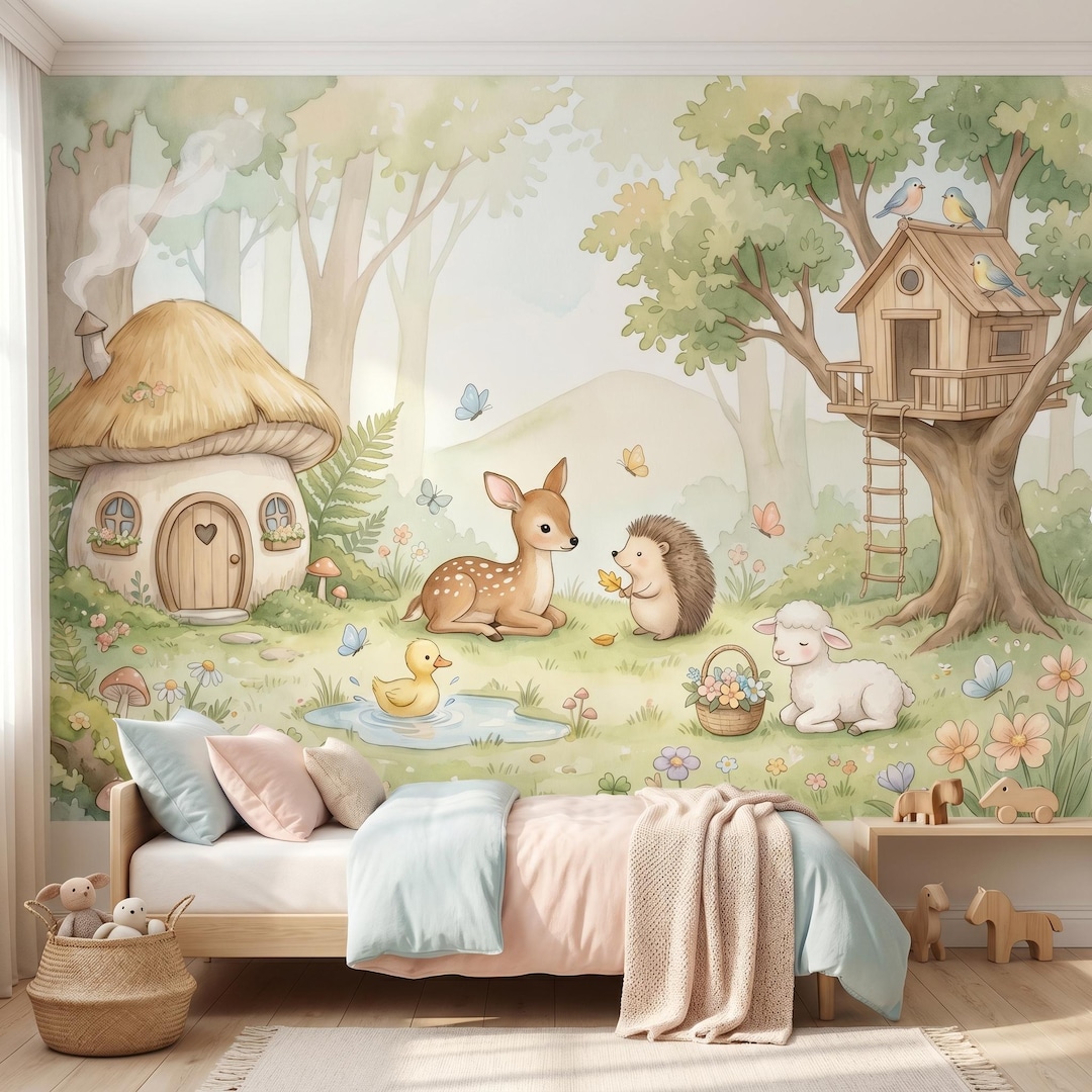 Animal Woodland Nursery Mural Peel and Stick Kids Forest Wallpaper ...