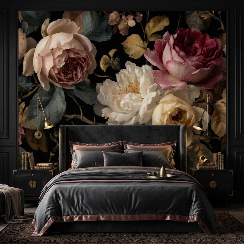 Dark Floral Wallpaper, Vintage Rose Wall Mural, Moody Botanical Peel and Stick Wallpaper, Romantic Victorian Decor