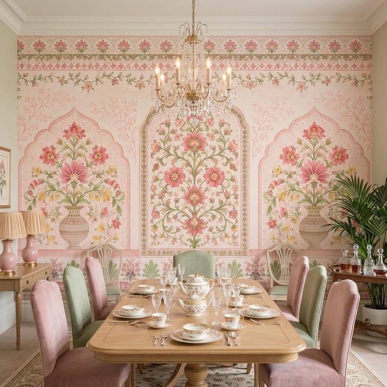 Mughal Floral Wallpaper, Non Woven Indian Botanical Wall Decor, Peel and Stick Palace Garden Wall Mural, Pink Flower Wall Art