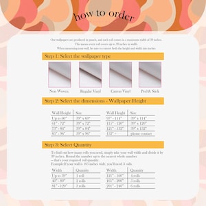 May include: A guide titled "how to order" with instructions for wallpaper selection. It includes steps for choosing wallpaper type, dimensions, and quantity. The maximum width of each roll is 39 inches. The guide provides a table with height and size options.