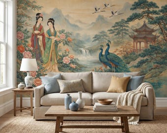 Mural de pared autoadhesivo con paisaje chinoiserie, papel tapiz de pavo real chino, papel tapiz floral oriental no tejido.