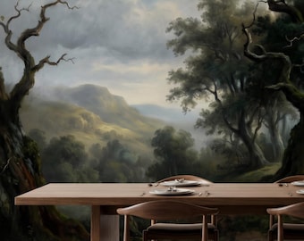 Vintage boslandschap muurmuurschildering Peel and Stick bosbehang olieverfschilderij stijl verwijderbare muurkunst