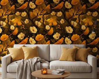 Gold Vogel Blumen Wandbild Vintage Botanische Tapete zum Abziehen und Aufkleben auf Vlies