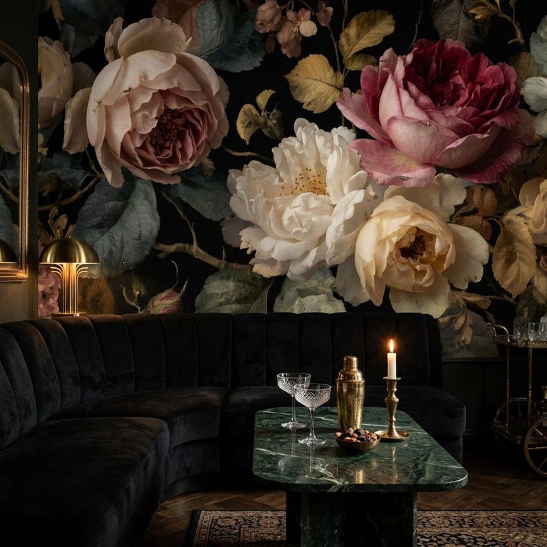 Dark Floral Wallpaper, Vintage Rose Wall Mural, Moody Botanical Peel and Stick Wallpaper, Romantic Victorian Decor