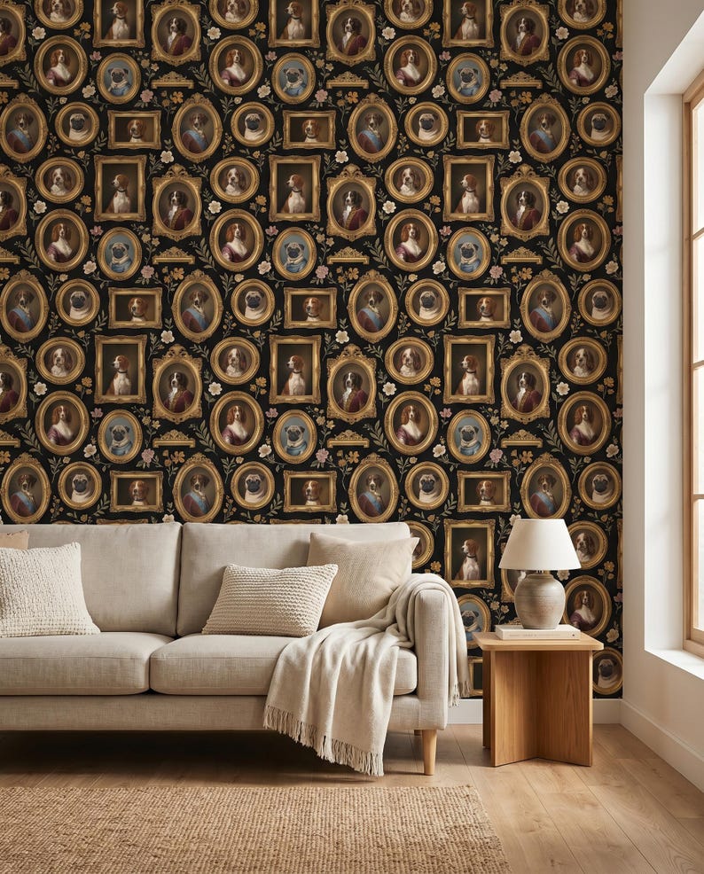 Vintage Dog Portrait Wallpaper Peel and Stick Pet Wall Art Victorian Removable Wall Paper