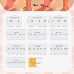 May include: A preview of wallpaper panel sizes, with dimensions and panel counts displayed. The image includes text that reads "panel size preview" and "CUSTOM SIZE & DESIGN". The image shows various rectangular panels.