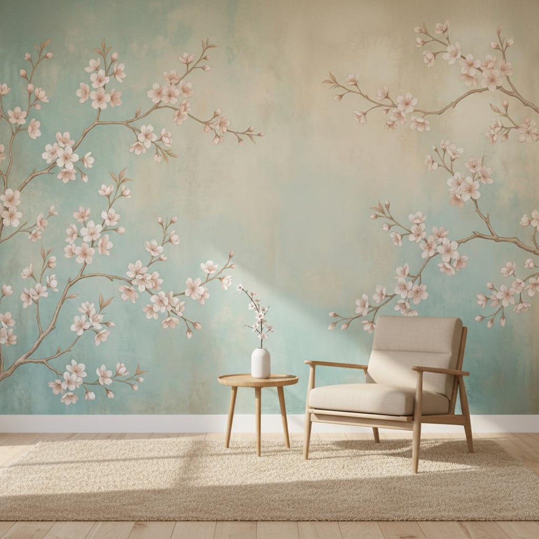 Chinoiserie Cherry Blossom Wallpaper Mural Peel and Stick Blue Floral ...
