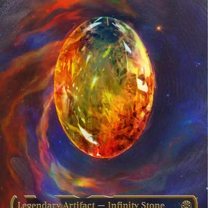 May include: A collectible trading card titled The Soul Stone featuring a glowing, faceted orange and yellow gemstone centered against a swirling dark blue and purple cosmic background. The card text includes Legendary Artifact - Infinity Stone.