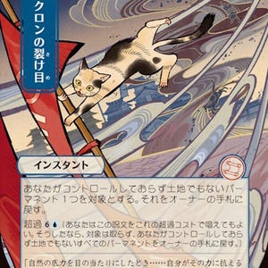May include: A Magic: The Gathering card featuring a cat holding a red flag, with Japanese text. The card has a blue and white color scheme, with a swirling background and a mana cost of one blue mana.
