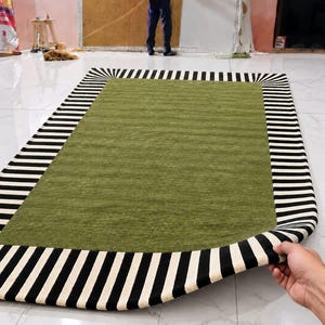 Olive Green Rectangular Wool Rug, Black and White Striped Carpet, Hand-Tufted Art Deco Rug, 8x10, 9x12, or 10x14 Woollen Carpet