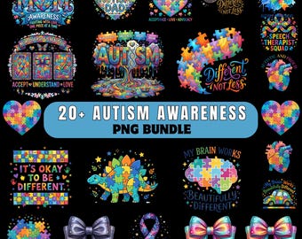 20+ Autism Awareness PNG Bundle, Autism Mom Shirt Design, Neurodiversity Clipart, Autistic and Proud, Puzzle Piece Bow Digital Download