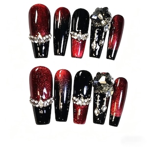 Gothic Red Black Gradient Press On Nails, Luxury Rhinestone Long Fake Nails, Handmade Reusable Acrylic Nails