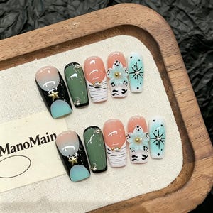 Handmade Mint Green  Pink Cute Press-On Nails with 3D Flower & Star Accents
