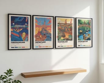 Zestaw plakatów do parku Disneyland – Kolekcja Lands – Dekoracje ścienne do parku rozrywki Disney – Wydruki