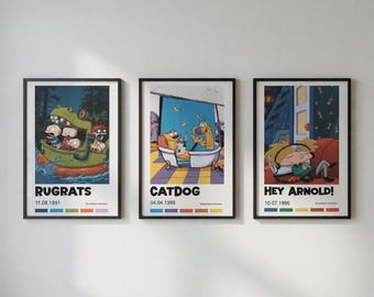 Nickelodeon SET Rugrats, Hej Arnold i Kot-Pies retro 90. animacja, grafika ścienna w stylu vintage anime, nostalgiczna klasyczna animacja