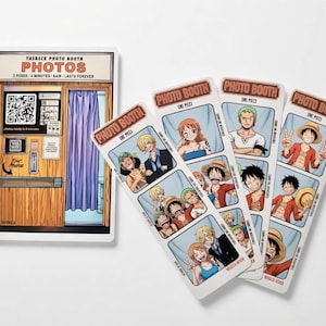 May include: A photo booth sticker and photo strips featuring characters from the anime series One Piece. The photo booth sticker has the text "YASBECK PHOTO BOOTH PHOTOS" and the photo strips have the text "PHOTO BOOTH ONE PIECE".