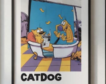 Nickelodeon CatDog, retro komiksowy wydruk z lat 90., sztuka ścienna w stylu vintage anime, plakat fizyczny, nostalgiczna klasyczna animacja