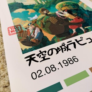 May include: A print with a vibrant illustration from an animated film. The artwork shows characters and a robot in a mountainous setting. Japanese text and the date 02.08.1986 are printed below the image. A red stamp with the text "YAS BECK" is in the lower left corner.